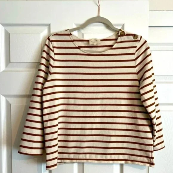 SEZANE COLETTE MARINIÈRE ECRU CAMEL STRIPED XL - Picture 3 of 6